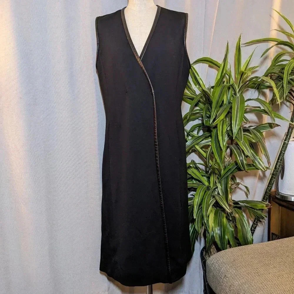 St John Black Vest Cardigan Leather Sleeveless Knit Size Small Pockets